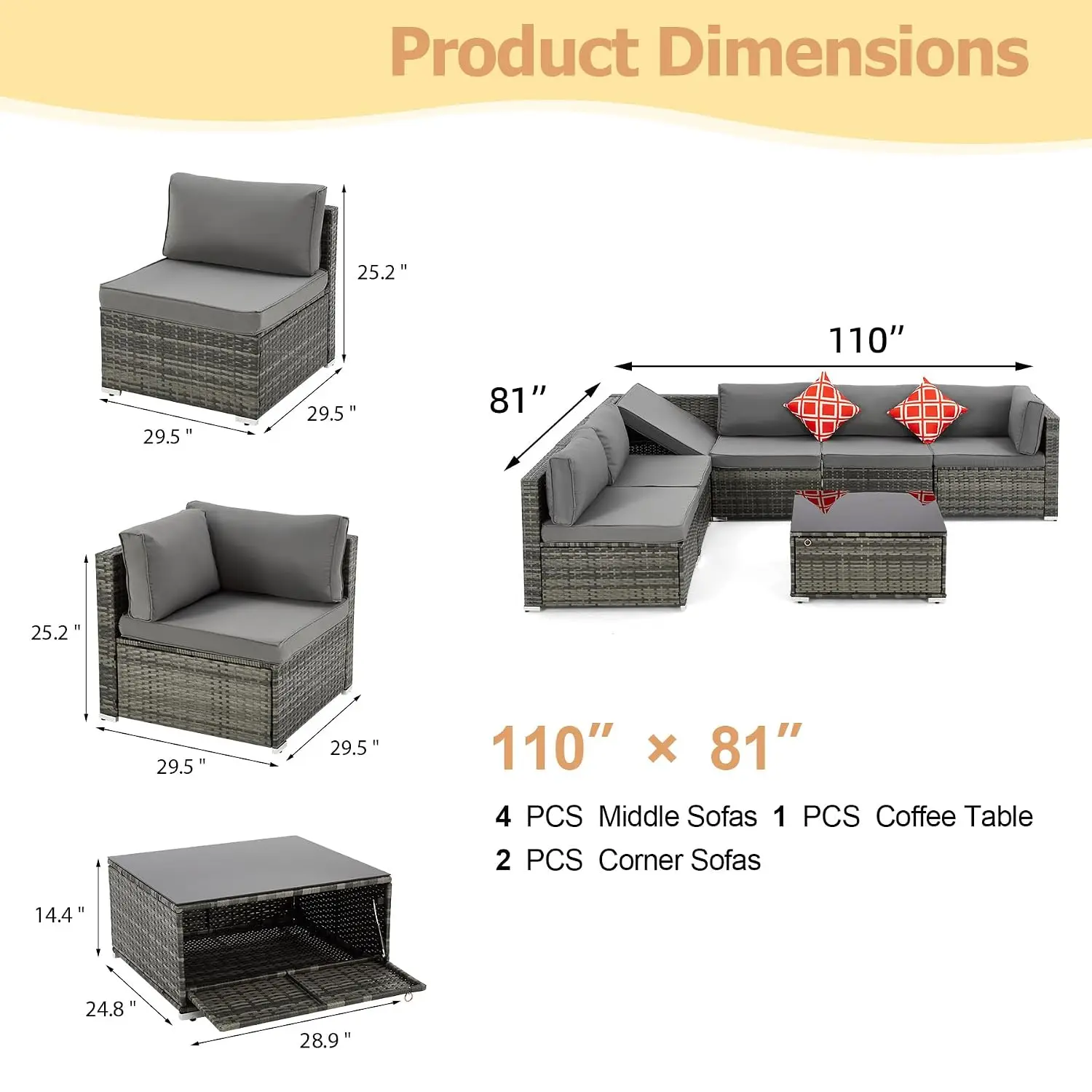 7 Piece Grey Wicker Patio Sectional Sofa Set with Adjustable Bracket Table Cushions for Porch Lawn Garden, Customized