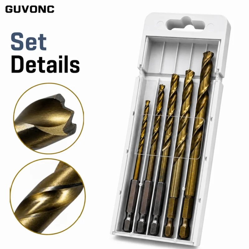 5Pcs HSS Twist Drill Bit Kit, 1/4in Hex Shank Titanium Coated Drill Bits, Precision Drilling Tool for Steel, Aluminum, Wood and