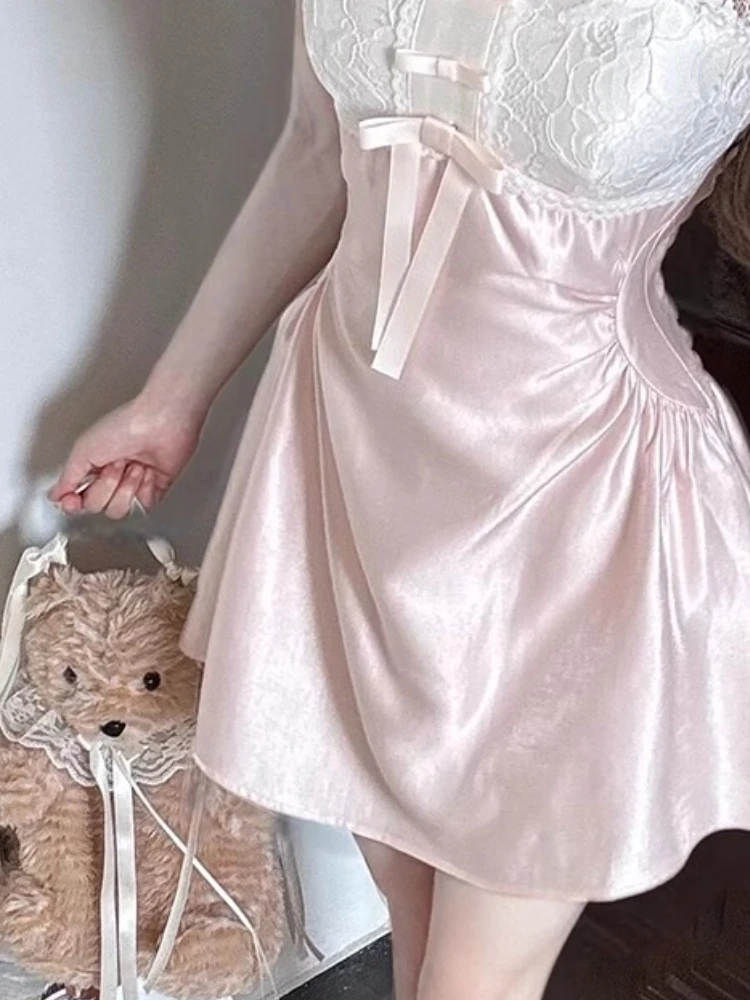 Fashion Retro Satin Mini Dress Women One-Piece Jacquard Floral Lace Bow Corset Cami Rompers Date Going Out Summer Clothes