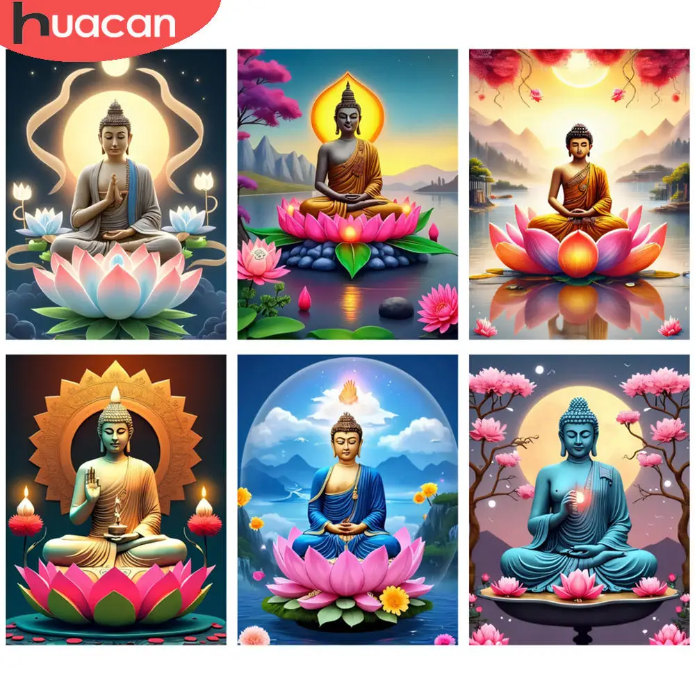 HUACAN Full  Kits Diamond Painting Buddha Meditative Lotus Blossom Spiritual 5D Diamond Embroidery Kits DIY Art Rhinestone Decor