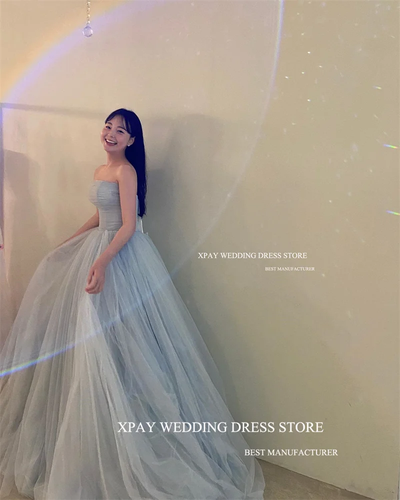 Xpay simples empoeirado azul macio tule coreia vestidos de baile personalizado sem alças rendas até vestidos de noite casamento sessão de fotos até o chão