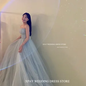 XPAY بسيطة متربة الأزرق لينة تول كوريا فساتين حفلة موسيقية مخصص حمالات الدانتيل حتى فساتين السهرة الزفاف طول الطابق تصوير أعلى 6 فساتين زيت أزرق مبيعا - رقم 6