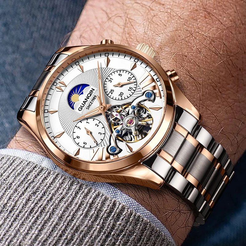 GUANQIN Orologi meccanici da uomo Movimento automatico originale di lusso Tourbillon visibile Business Leisure Luminoso impermeabile