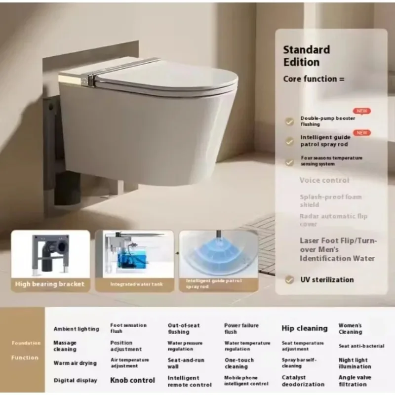 

Smart Remote Control Wall-Mounted Bathroom Toilet with Ceramic Flush Seat Heating Elongated Bowl Shape S-Trap Drainage Pattern