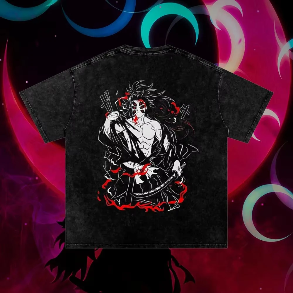 

Футболка с рисунком Kokushibo Demon Slayer, винтажная потертая футболка большого размера, хлопковая мужская и женская одежда, повседневные футболки с короткими рукавами, топы