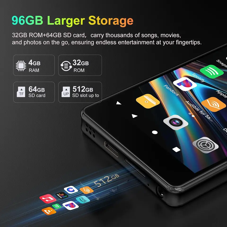 32GB/96GB MP3 player with Bluetooth 5.0 and WiFi, Spotify, Android