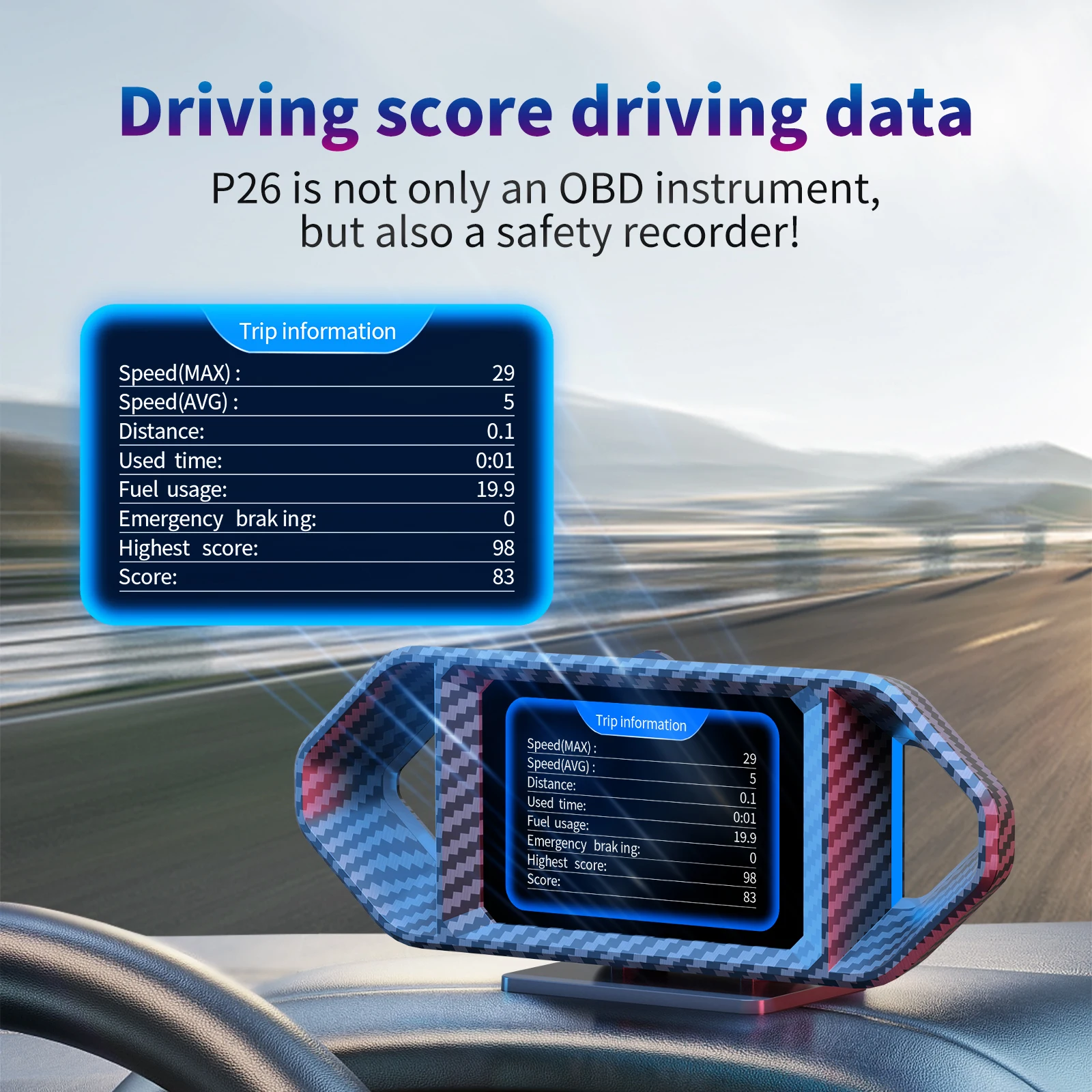P26 HUD OBD2 + GPS + измеритель наклона + акселерометр, автомобильный умный проекционный дисплей, скорость, об/мин, температура воды, сигнализация, турбо-давление, потребление топлива