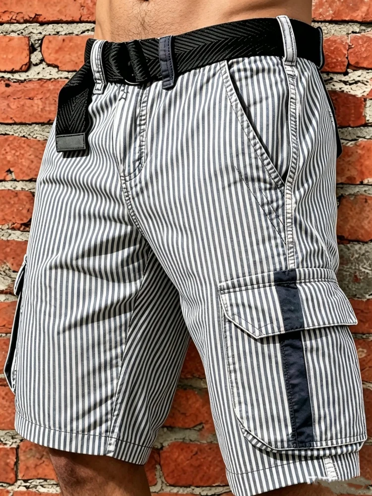 

Mens Cargo Shorts with Vertical Stripes Color Block Design Navy Pocket Loose Fit Elastic Waist with Belt Summer Casual Shorts