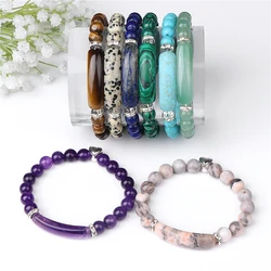 Rectangle Bar Connector Bracelets Handmade Natural Stone Tiger Eye Elastic Bracelets Healing Silver Color Heart Charm Bracelets
