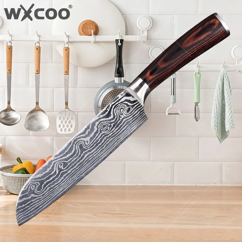 WXCOO Professionelle Küchenmesser aus Kohlenstoffstahl Japanisches Kochmesser Santoku mit Ergonomischem Griff und Zubehör
