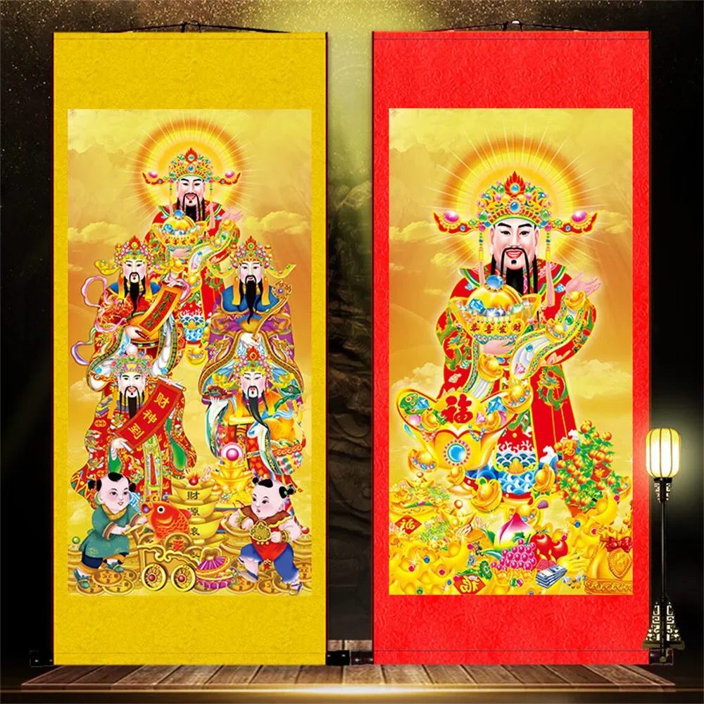 China Traditional Five God Wealth Image Hanging Wall Scroll Picture Decoration