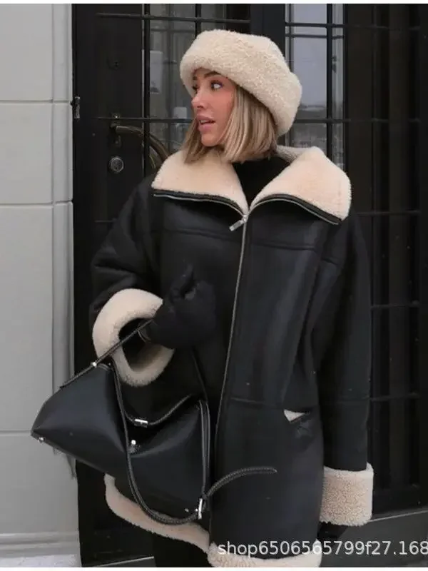 Abrigo de cuero grueso para mujer, chaqueta de manga larga con solapas de terciopelo, color negro, moda de invierno, 2023