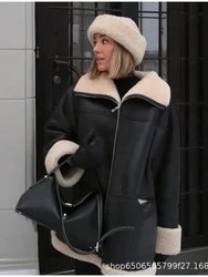 Manteau en fourrure de cuir épais à manches longues pour femmes, revers en velours, veste de vélo pour femme, noir, rue, moteur, mode, hiver, 2023