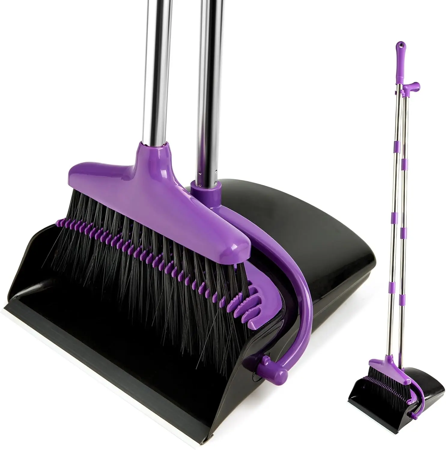 

Long Handle Broom and Dustpan Set, Lightweight Stainless Steel Upright Stand for Home Kitchen Office Pet Hair Cleaning, Purple