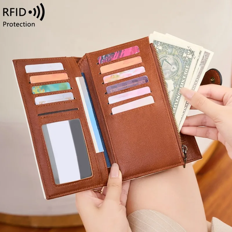 جديد حماية تتفاعل المرأة المحفظة الرجعية حقيبة جواز السفر متعددة الوظائف ثلاثة أضعاف معرف طويل متعدد فتحة للبطاقات حافظة للبطاقات محفظة نسائية للعملات المعدنية