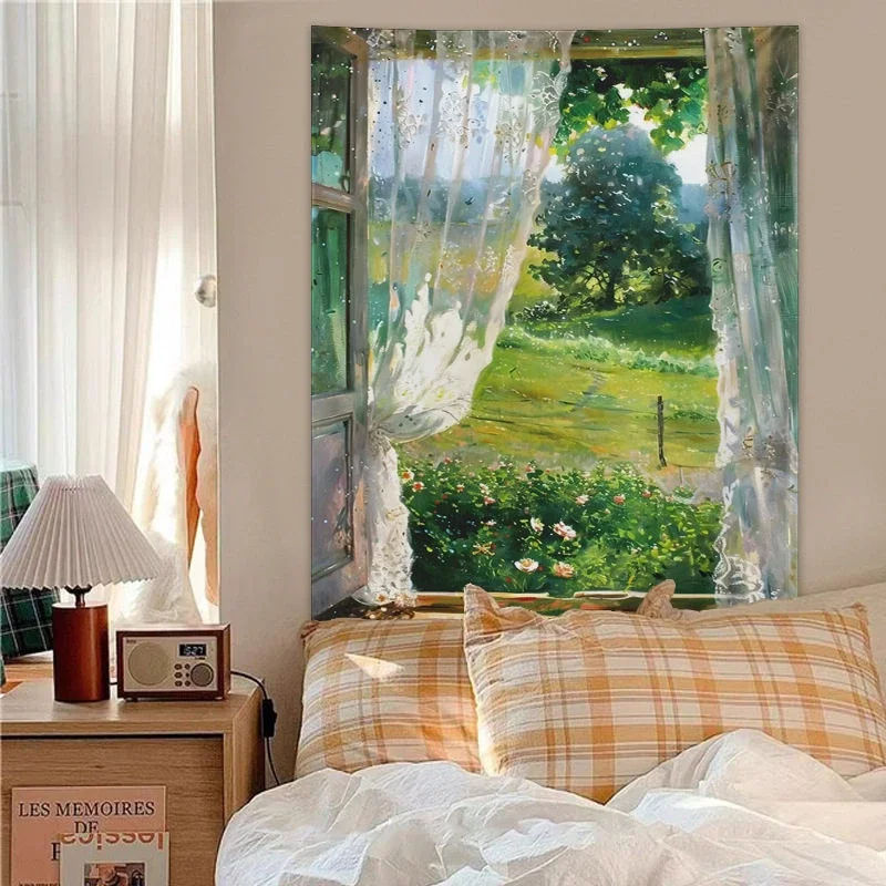 VIKAMA Window Green Meadow Curtain Tapestry Wall Hanging, 6 Designs, Wall Decor for Bedroom Living Room Dorm