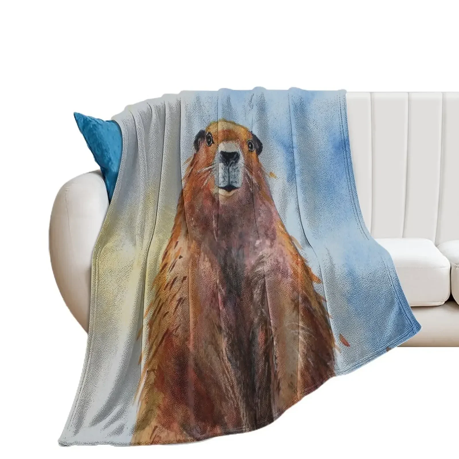 Standing Groundhog Day, Marmot Gofer realistic Watercolour Throw Blanket Soft Plaid Blankets Sofas Of Decoration Blankets