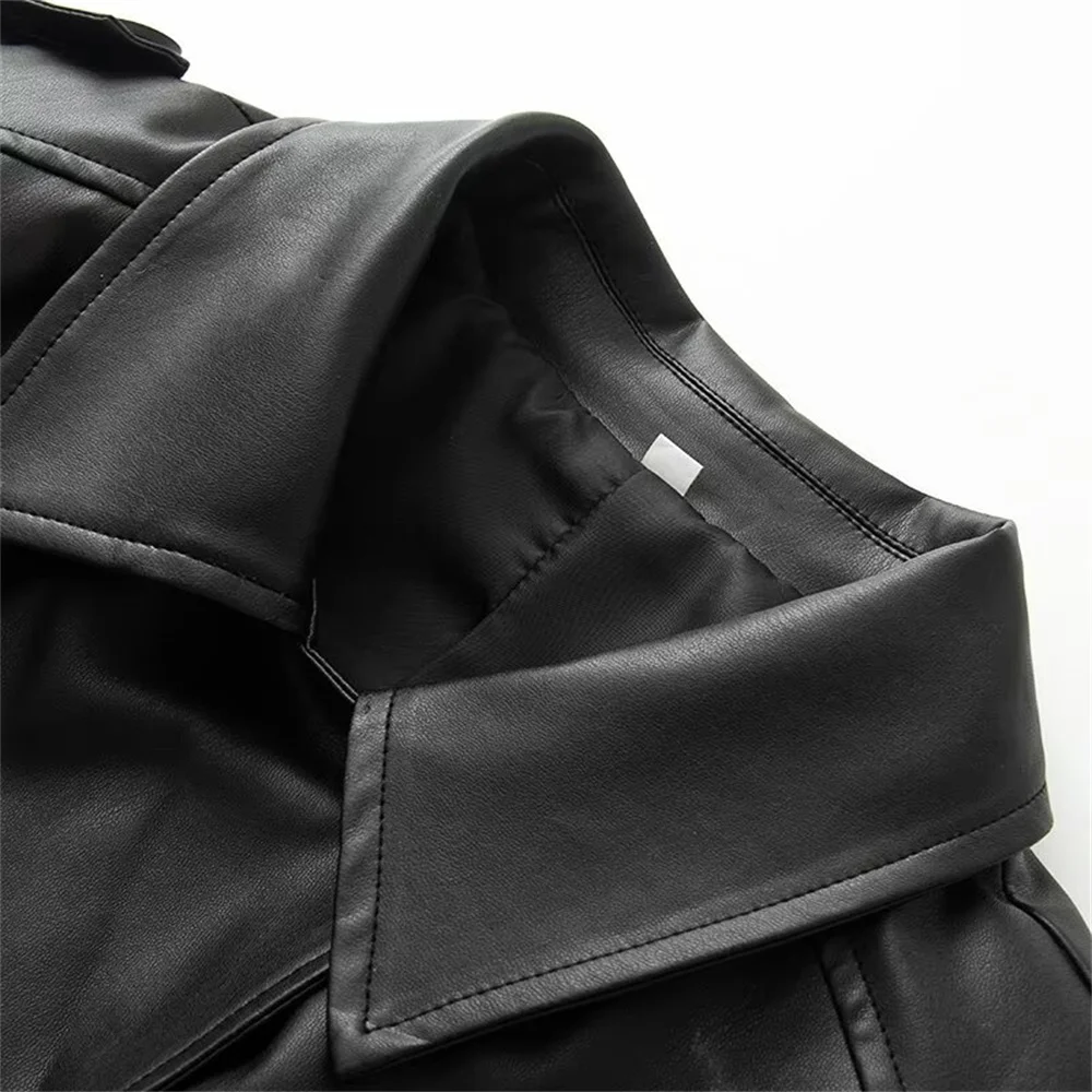 Nouveau automne et hiver femmes papillon arc ceinture épaulière PU imitation cuir revers à manches longues coupe-vent court