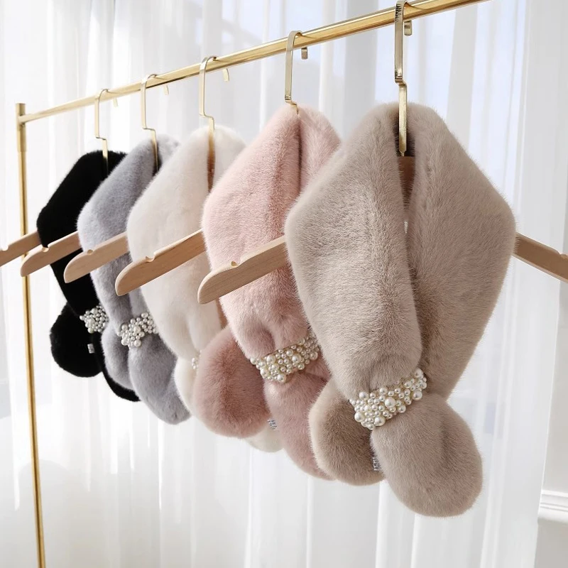 Winter Warm Thicken Cross Scarf Elegant Pearl Scarf Solid Color Shawl Scarf For Women Girls Versatile Fashion Soft Scarf Gifts