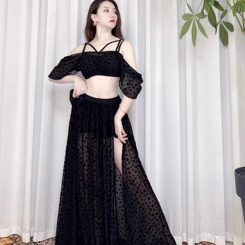 Costumes de danse du ventre Swegal personnalisés, tenue d'entraînement avec maille de velours 3D en forme de cœur, haut à épaules dénudées, jupe à Double fente