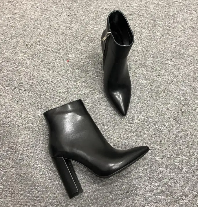 Fall Winter Custom Black Cowleather Ankle Boots Pointed Toe Bare Boots with Thick Heels Full Leather High Heel Woman Boots