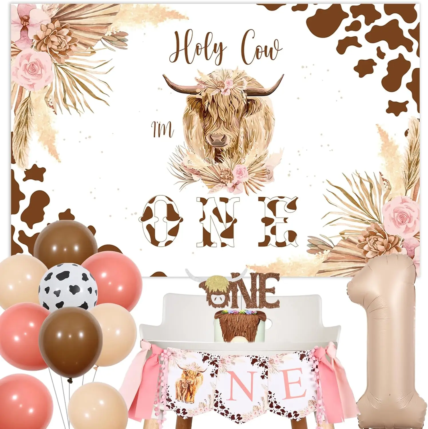 Highland Cow 1st Birthday Decor Holy Cow Im One Backdrop High Chair Banner Foil Balloon Boho Floral Farm Animal Party Supplies