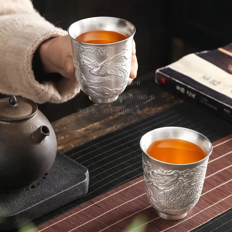 Dragon & Phoenix Pattern Silver Cup, Large Capacity Master Cup for Kung Fu Tea Ceremony