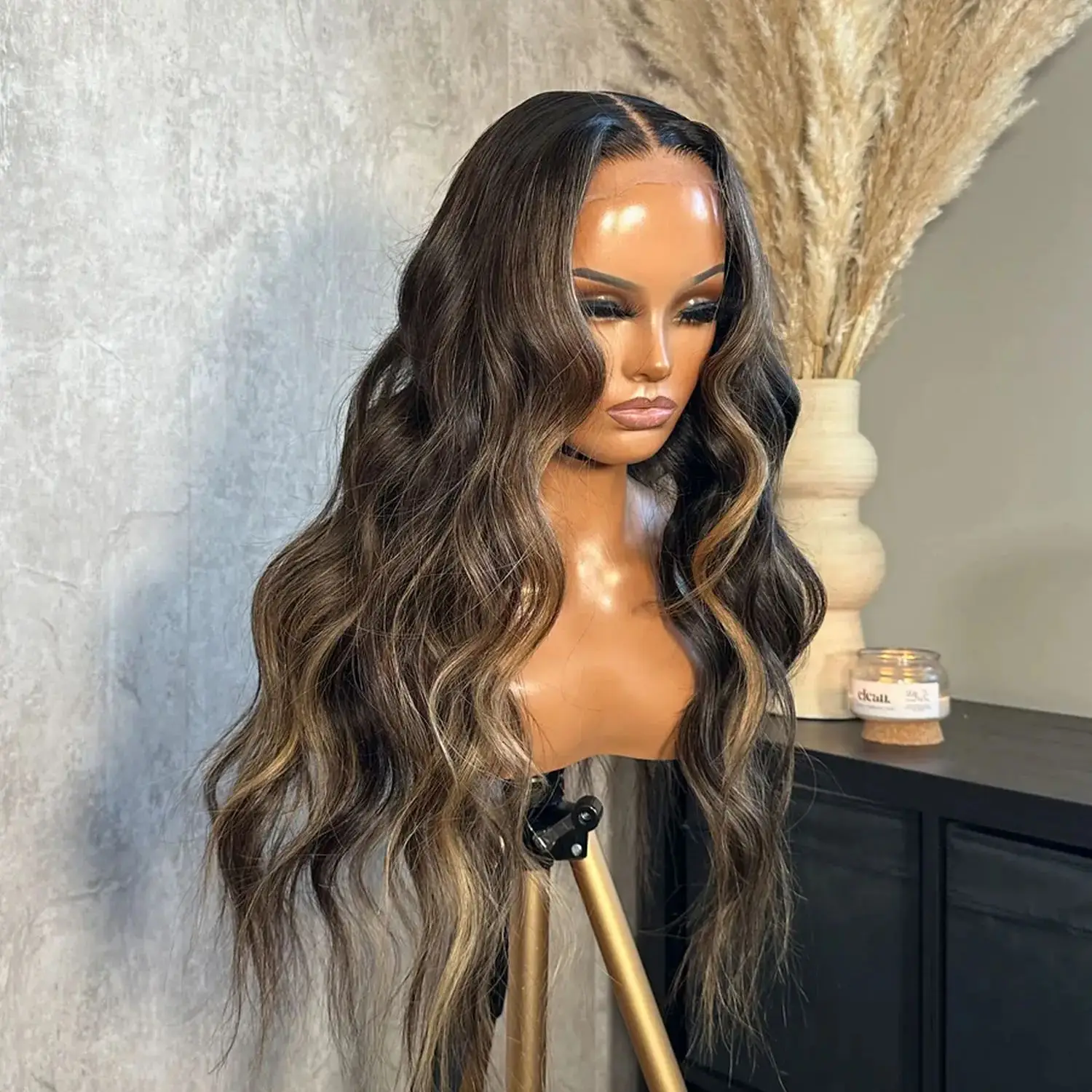 New In 13x4 Middle Part Ombre Dark Brown Highlight Synthetic HD Lace Top Wig Loose Deep Wave Small Large Cap Size Glueless Wigs