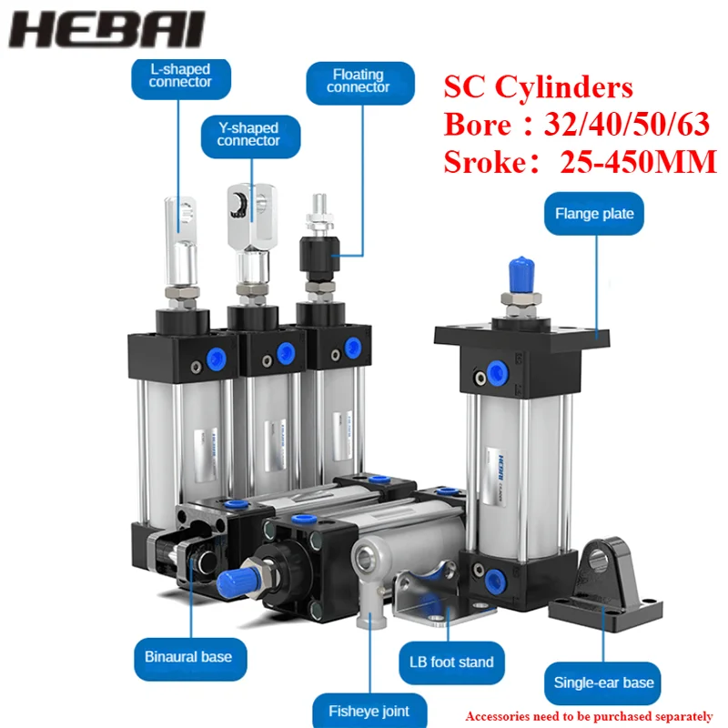 

HEBAI SC Standard Air Pneumatic Cylinders SC32/40/50/63mm Bore Double Acting 50/75/100/125/150/175/200/250/300/400/500mm Stroke