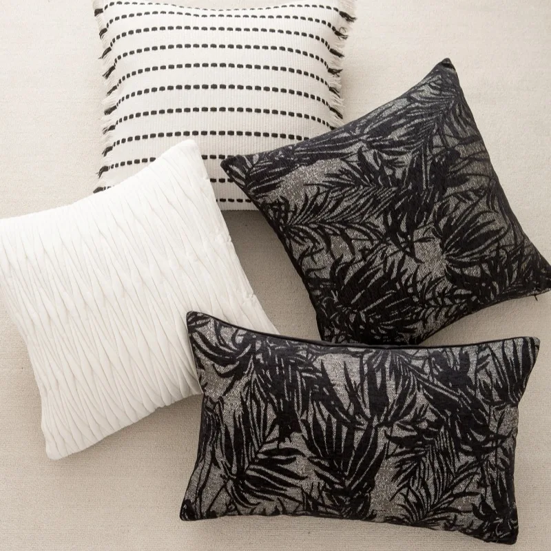 Chenille Sofa Cushion Covers with Black Maple Leaf Pattern Pillowcase Beige W-Pattern Quilted Bedside Pillow Cover Fringe