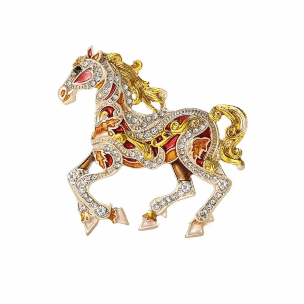 Luxury Enamel Rhinestone Horse Brooch Chinese Style Personality Charm Zodiac Pin Retro Classic Animal Lapel Pins
