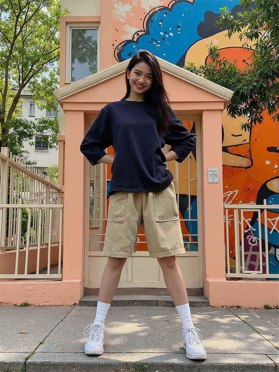 Perna larga casais shorts das mulheres do vintage estilo americano esportes curto cintura alta carga calças soltas denim na moda rua azul