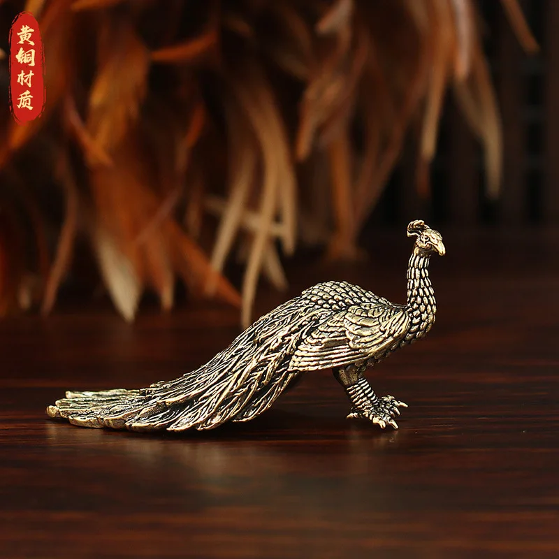 Brass Display Ornament Office Desk or Tea Table, Tail-Waving Peacock Figurine for and Micro-Landscape Deco