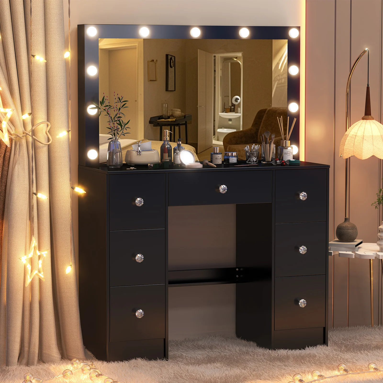 Teousev Dressing Table with Mirror and 11 LED Lights, Vanity Unit Adjustable Brightness with Large Drawer 3-Colour Adjustment