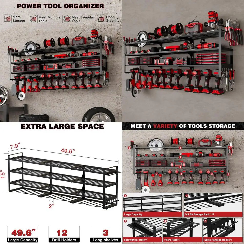 

Сверхмощный настенный органайзер для электроинструментов, гаражная стойка для хранения на 12 точек для мастерской