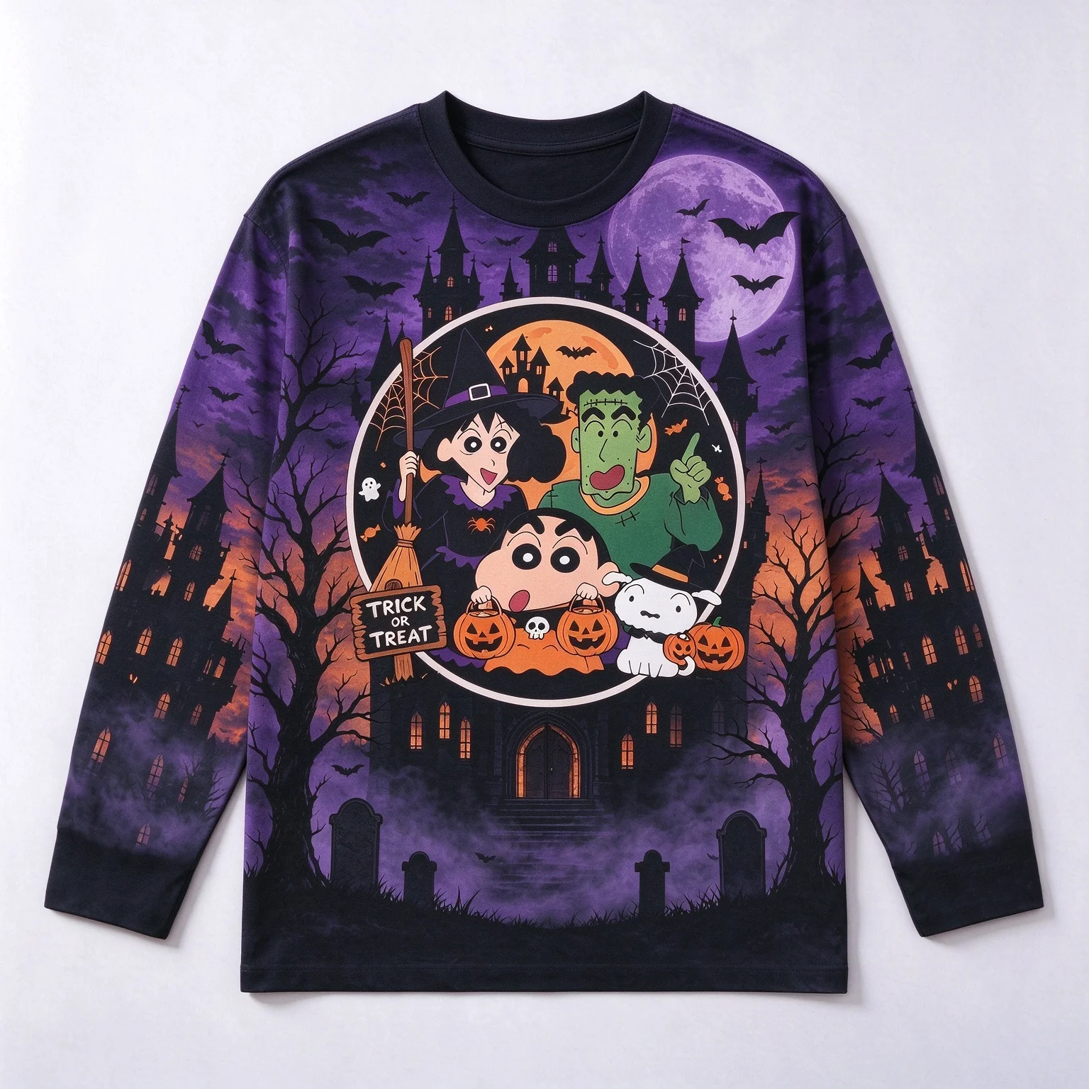 Cartoon Family Halloween Print Full Print Long Sleeve T-shirt, Crew Neck Loose Soft Tee, Starry Sky Ghost Pattern Casual Top