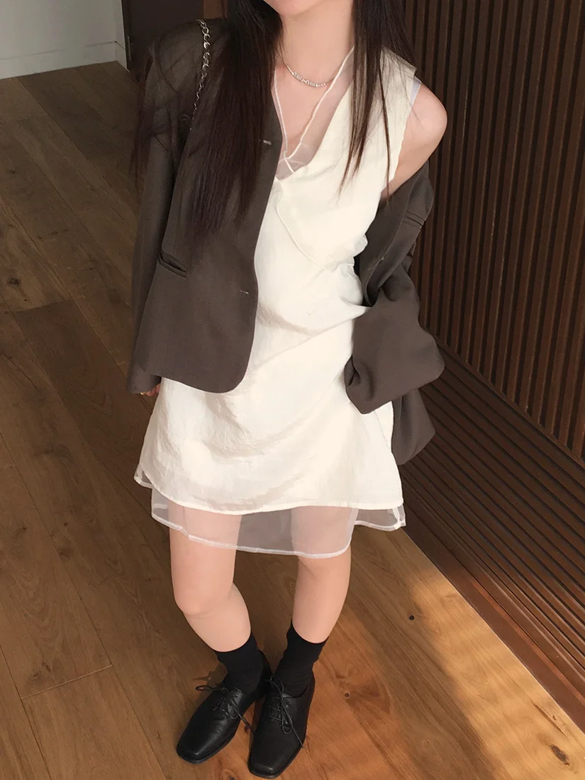 White V-ne Splice Dr Women's Chic Summer New Sle Ele Skirt Faion High-ade Feeling Vest Dr Korean Sle Loos...