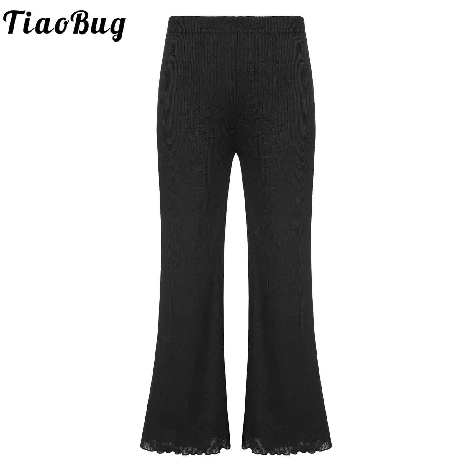 Kids Girls Casual Solid Color Flared Pants Elastic Waistband Cute Ruffled Hem Bell-Bottomed Trousers Sportwear for Running Park