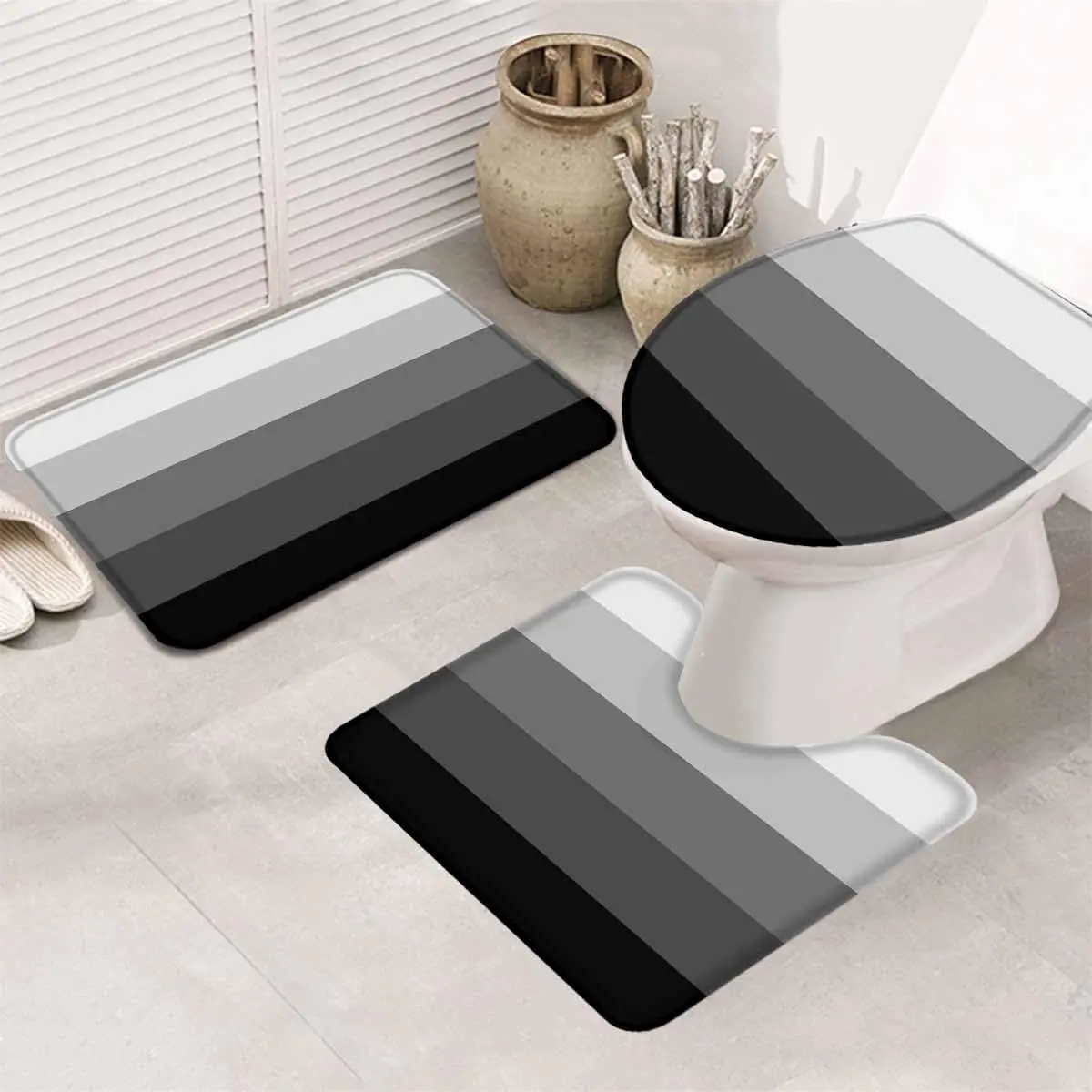 

3-х предметный набор ковриков для ванной, градиентные серые полосы, коврики для ванной комнаты, впитывающий контур, мягкий коврик, крышка для унитаза, набор декора для ванной комнаты