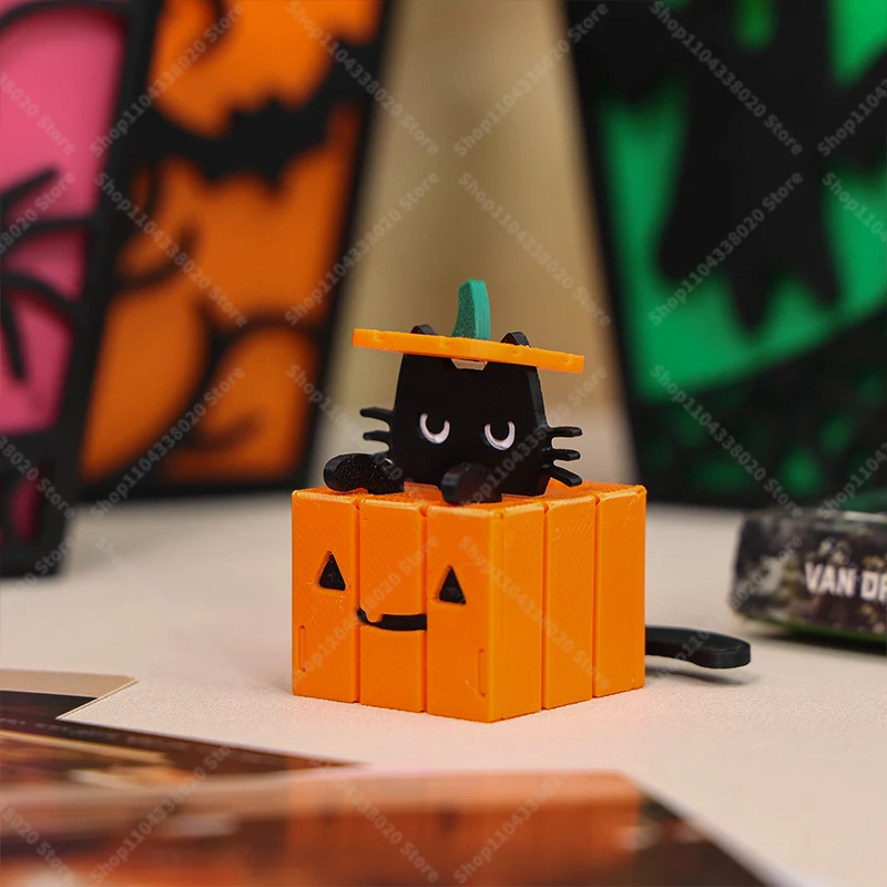 DIY Halloween Pumpkin Cat Puzzle - 5cm 3D Assembly Toy with Black Kitten & Orange Jack-o-Lantern, 4x4cm Desktop Decor