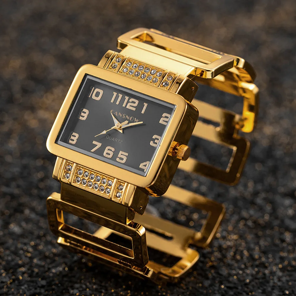 

New Rectangle Ladies Watch Gold Silver Bangle Wristwatch Rhinestone Hollow Steel Band Elegant Women Quartz Watch Reloj Mujer