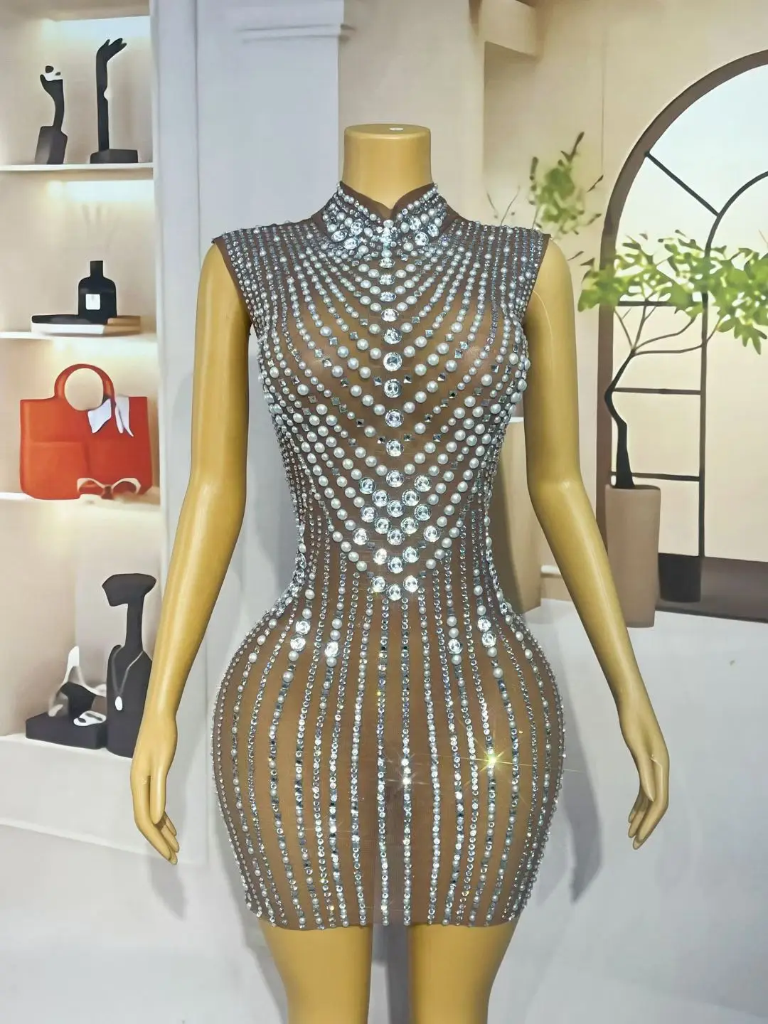 Women Luxury Pearls Rhinestones Brown Mesh Transparent Bodycon Mini Dress Showgirl Stage Costumes Nightbar DJ Gogo Dance Dress