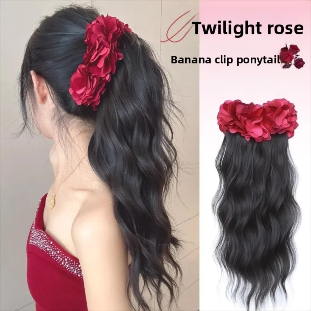 

New Synthetic Long Curly Wig Claw Clip Fluffy Black Clip in Ponytail Wig Red Flower Hairpiece Hair Accessories