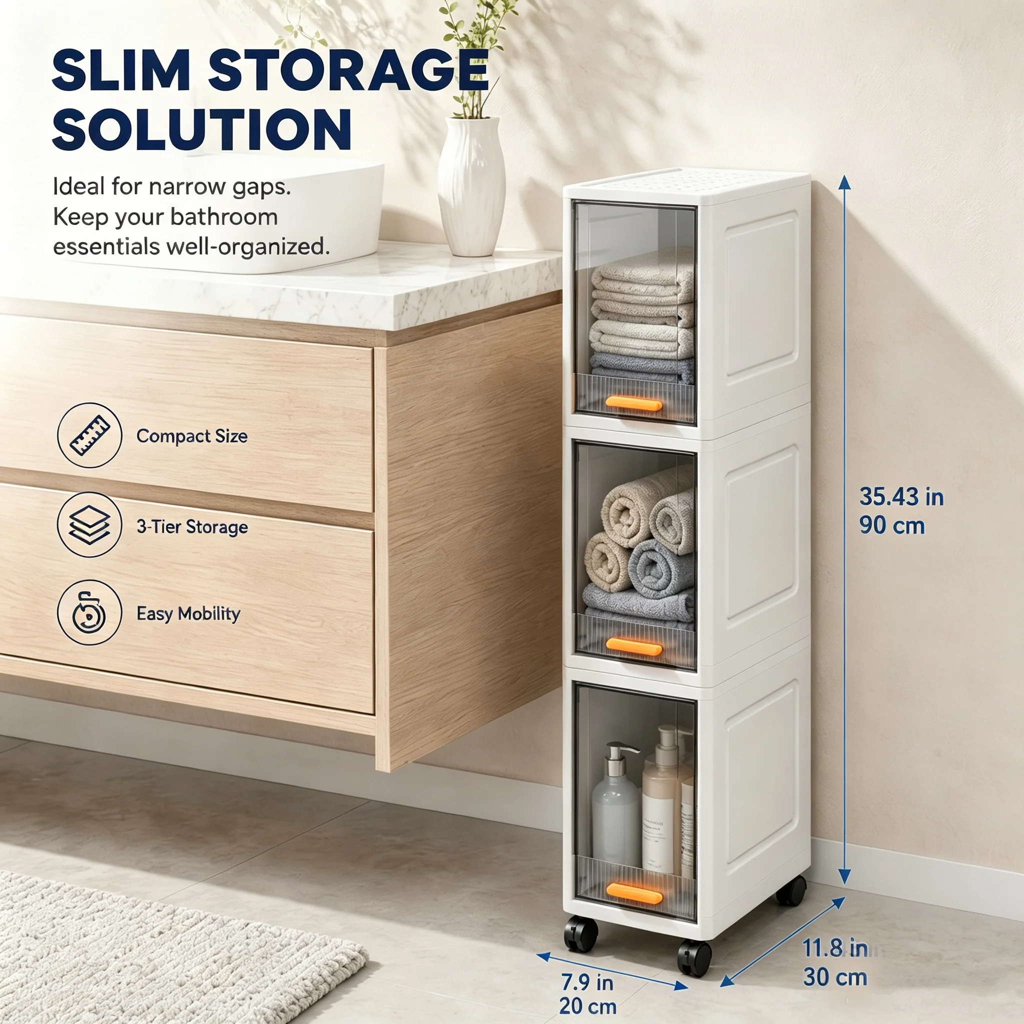 Narrow Storage Cabinet on Wheels 3/5 Tiers Transparent Flip Up Doors Tall Organizer for Laundry Bathroom Kitchen Gap Storage