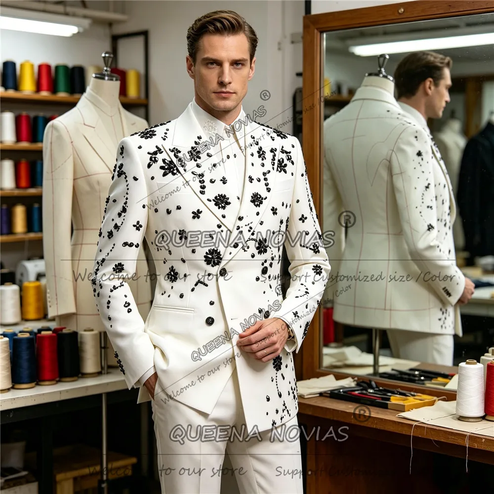 Exclusive Suit Man For Wedding Black Diamond Beaded Prom Tuxedos Customized Doubel Breasted Jacket Pants 2 Pieces Groom Outfits