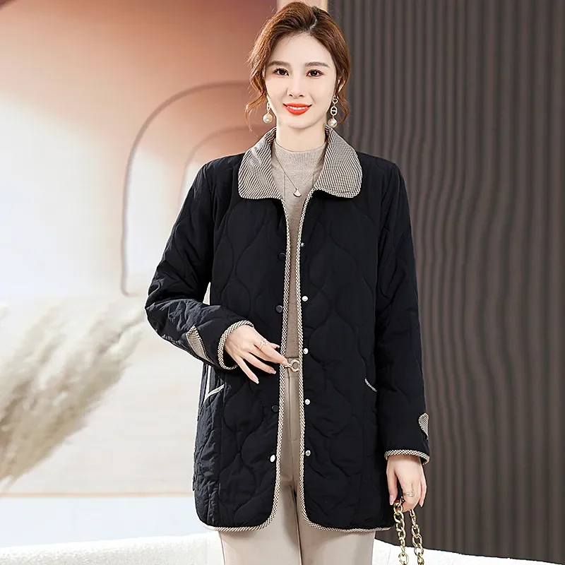 Giacca in cotone da donna medio-lunga autunno inverno 2025 Giacca frvolo allentata di nuova moda La vita Capispalla di colore puro femminile