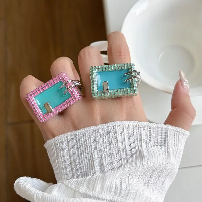Mini Swimming Pool Shape Ring Enamel Grid Square Finger Ring Sweet Cool Y2K Exaggerated Girl Ring Party Fashion Jewelry Gift