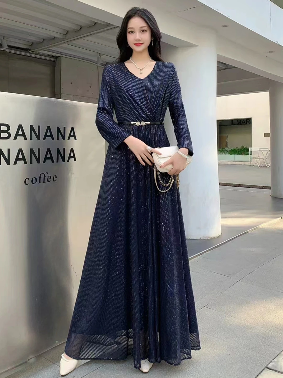 2024 New Spring Autumn Women V-Neck Long Sleeve Belt Slim Long Dress High Quality Fashion Shiny Sequinned Big Hem Elegant Dress