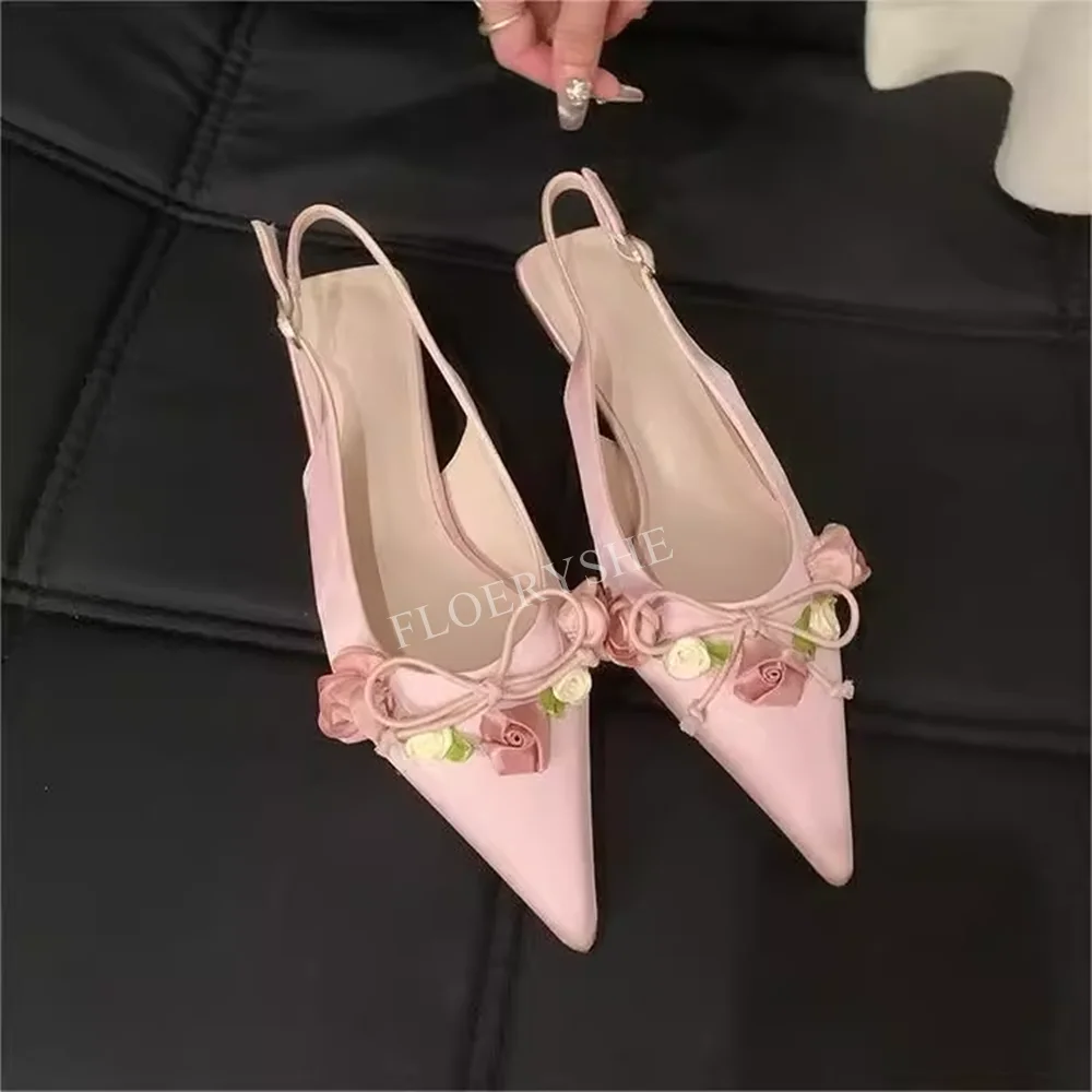 Summer White Flower Satin Stiletto Pumps New Arrival Women Buckle Pointed Toe Low Thin Heel Party Sweet Design Dress Shoes