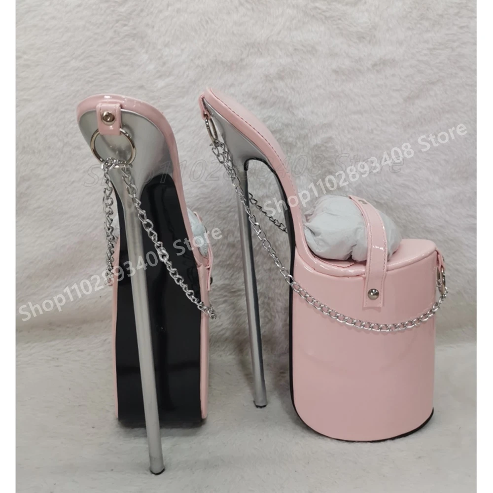 

Sweet Pink Metal Chain Decor Slippers Stiletto High Heel Round Ring Shiny Leather Fashion 2025 Women Shoes Summer Para Mujere
